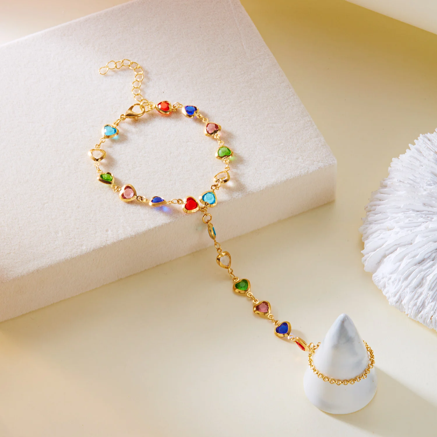 Licht Luxus Bunte Liebe Herz Quaste Kette Ring Mit Armband Link Handgelenk Kette Finger Ringe Für Frauen Hochzeit Schmuck – Detail 3