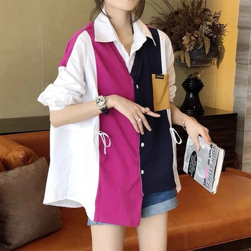 Spring Autumn Streetwear Patchwork Irregular Loose Casual Buttons Shirt Women Trend Fashion All-match Blouse Female Cardigan Top