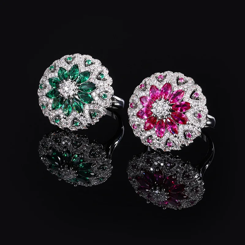 

New French Style Exquisite Green Tourmaline Ring Full Diamond Red Corundum Ring Flower Light Luxury Green Crystal Zircon Ring