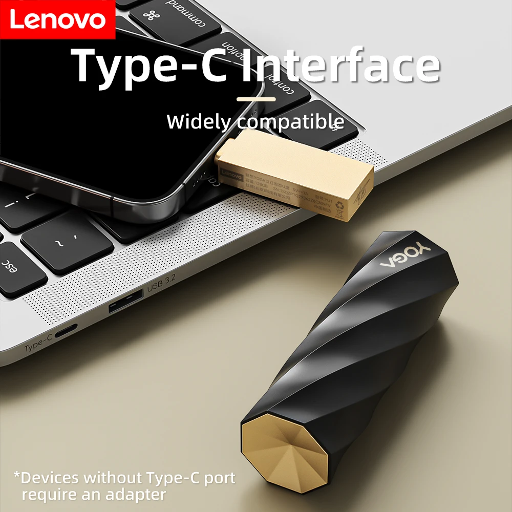 Lenovo Yoga Lipstick Style USB 3.0 Flash Drive 128GB, High Speed Type-C Pen Drive, Metal Portable SSD U Disk for Phone Laptop