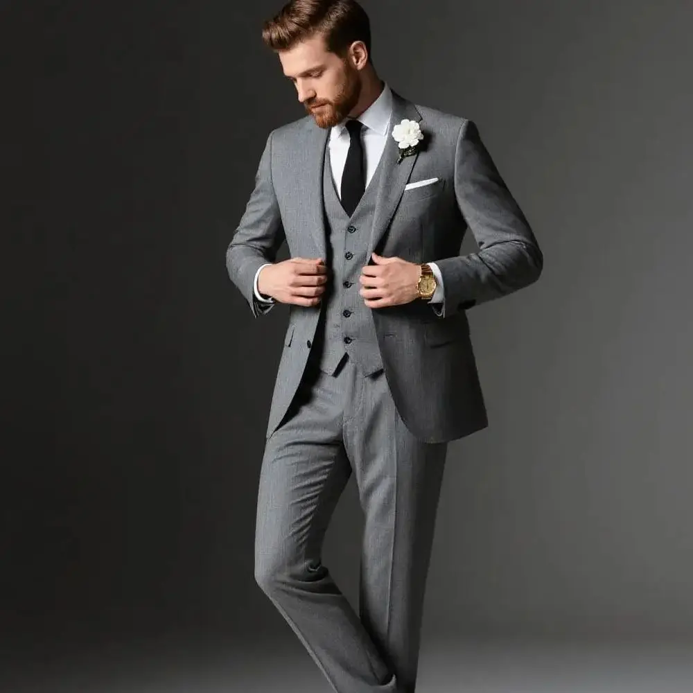

3PCS Froom Tuxedos Sets Peak Lapel Jacket Casual Men Suits Double Breasted Vest Pants for Wedding_Business
