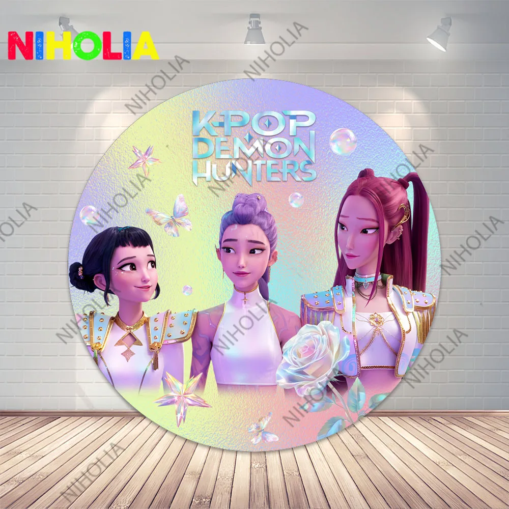 Kpop شيطان الصيادين خلفية مستديرة يغطي غطاء اسطوانة الفتيات حفلة عيد ميلاد الفينيل استحمام الطفل الديكور خلفية البوليستر