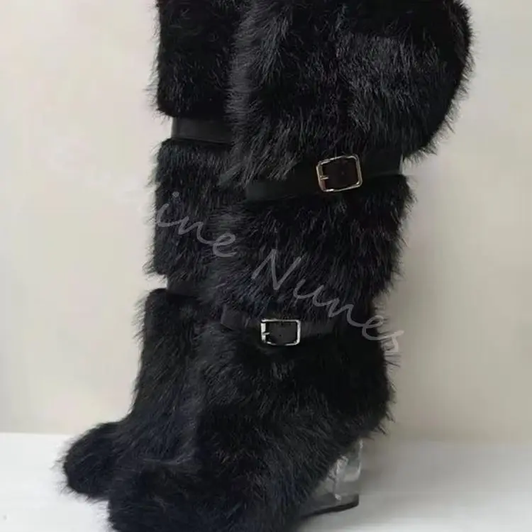 

Crystal Wedge Heel Fur Boots Women Round Toe Belt Buckle Slip On Height-Increasing Knee High Boots New Apricot Plush Warm Boots