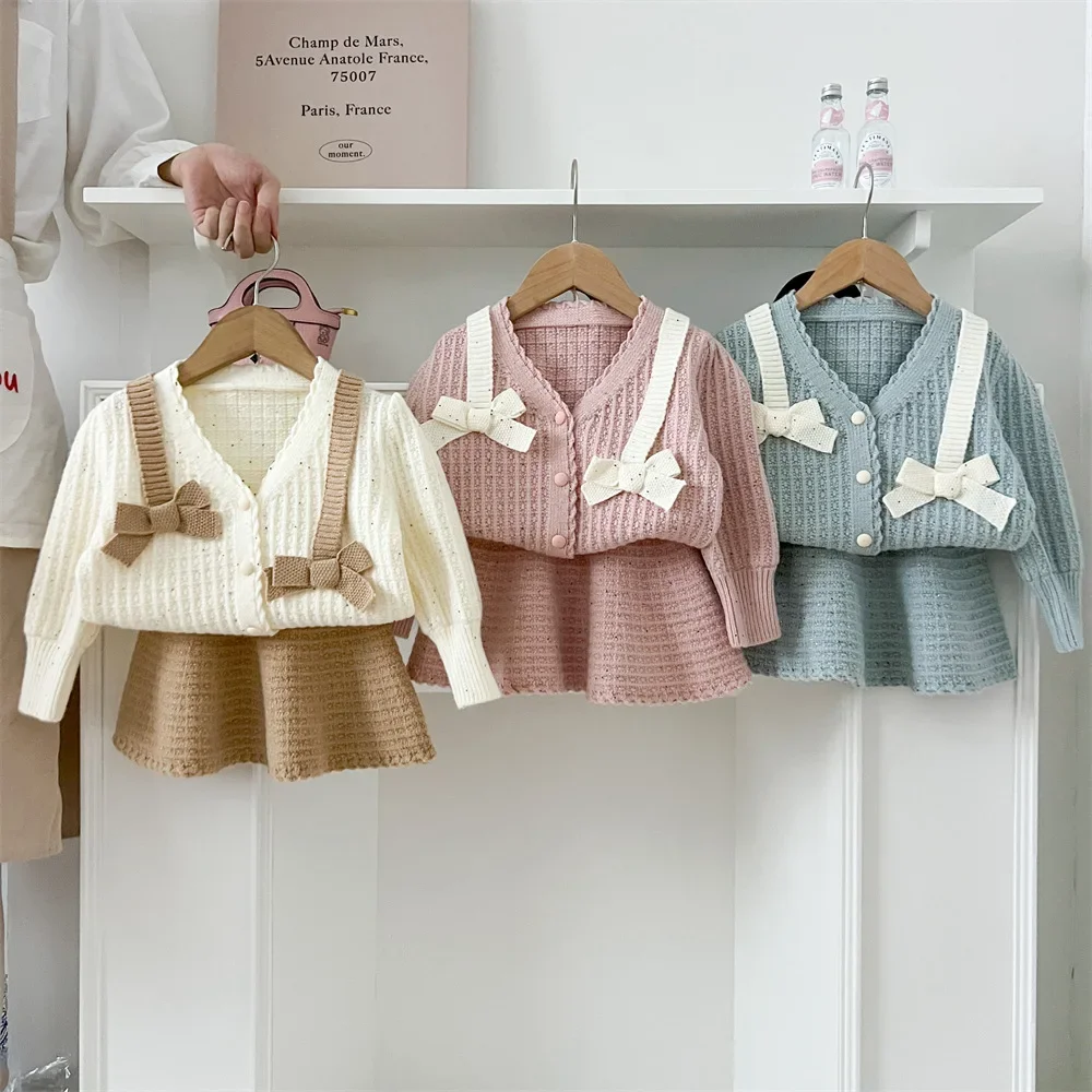 

Autumn Winter Baby Girls' Double Bows Sweater + Skirts Set Kids Sweet Cute Cardigan Top Toddler Girls Knitted Outerwear Skirt