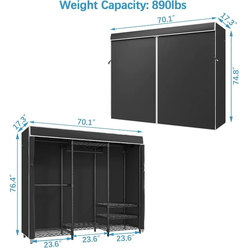 V5C Heavy Duty Covered Clothes Rack with Black Cover, Adjustable Custom Freestanding Closet Wardrobe,home.