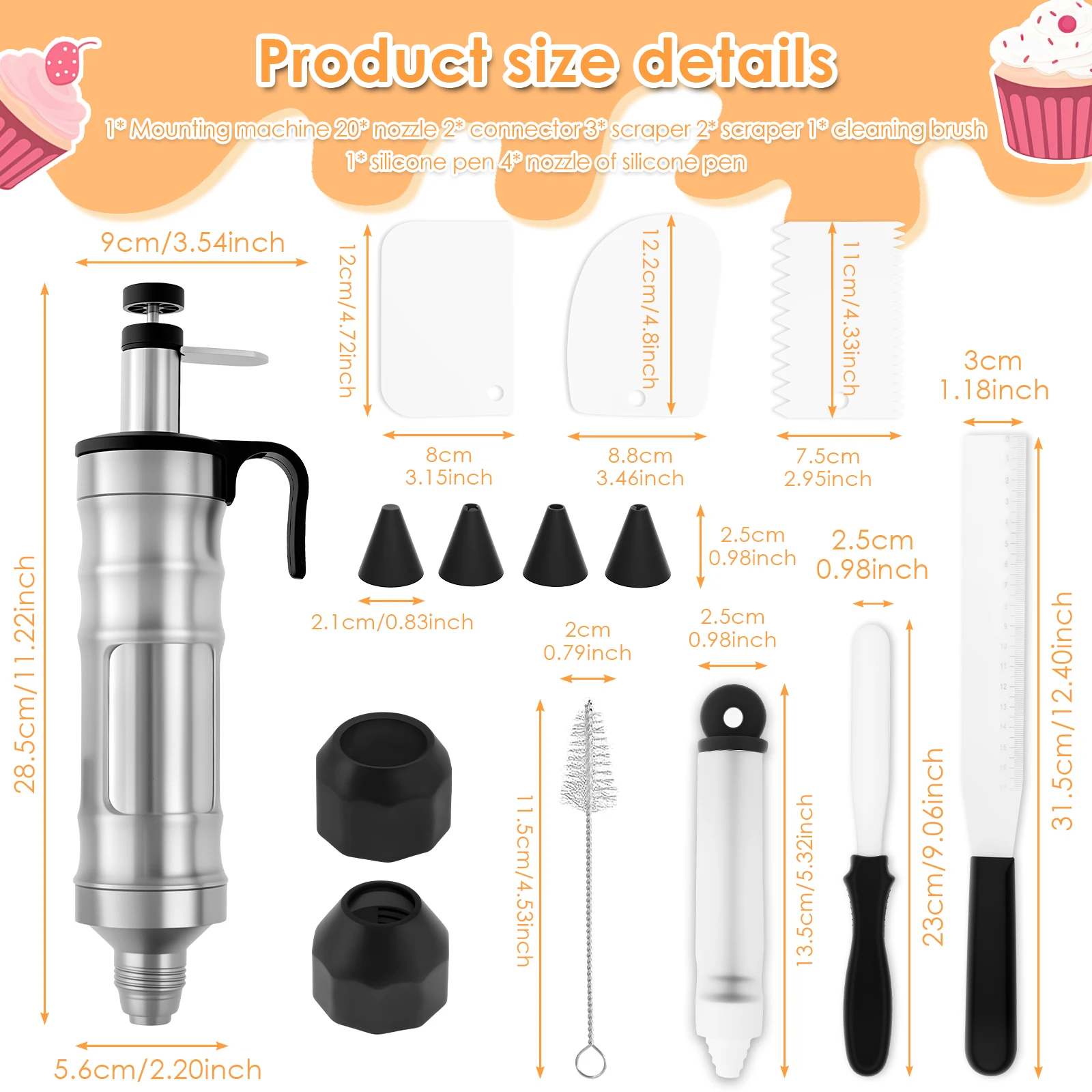 Pistola per fiori montata su crema L'acciaio inossidabile è facile da pulire Kit siringa per decorazione torta multifunzionale resistente all'usura