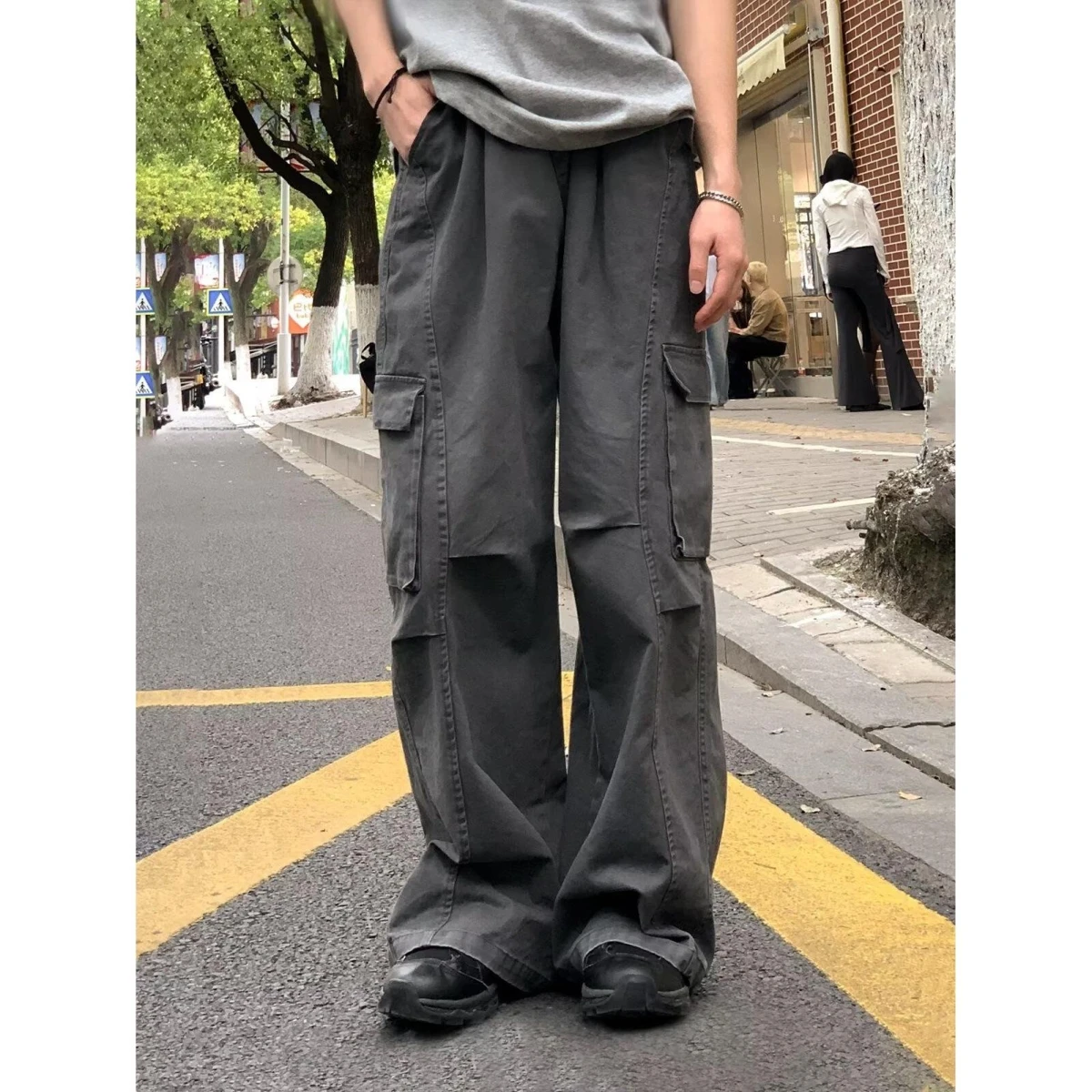 

Мужские повседневные брюки в американском ретро-стиле, широкие прямые штанины, модные, трендовые, осенние, с низкой посадкой, удобные