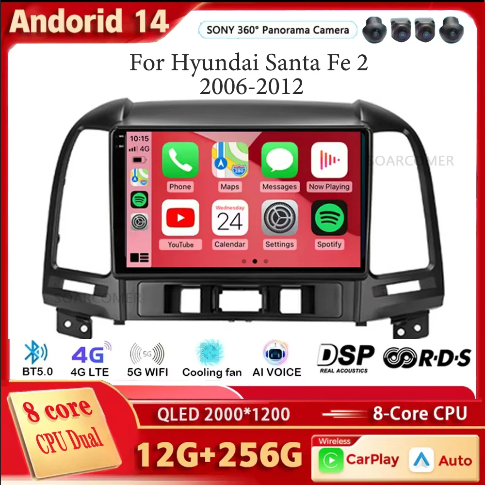 

Android 14 авто для Hyundai Santa Fe 2 2006-2012 Carplay 4G BT автомобильный радиоприемник мультимедийный видеоплеер GPS-навигация авторадио стерео