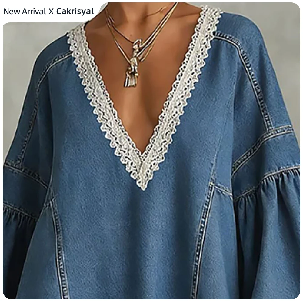 

Women's Loose Denim Mini Dress Elegant V Neck Lace Trim Long Puff Sleeve Ruffle Hem A-Line Jean Dress Casual Streetwear Dresses