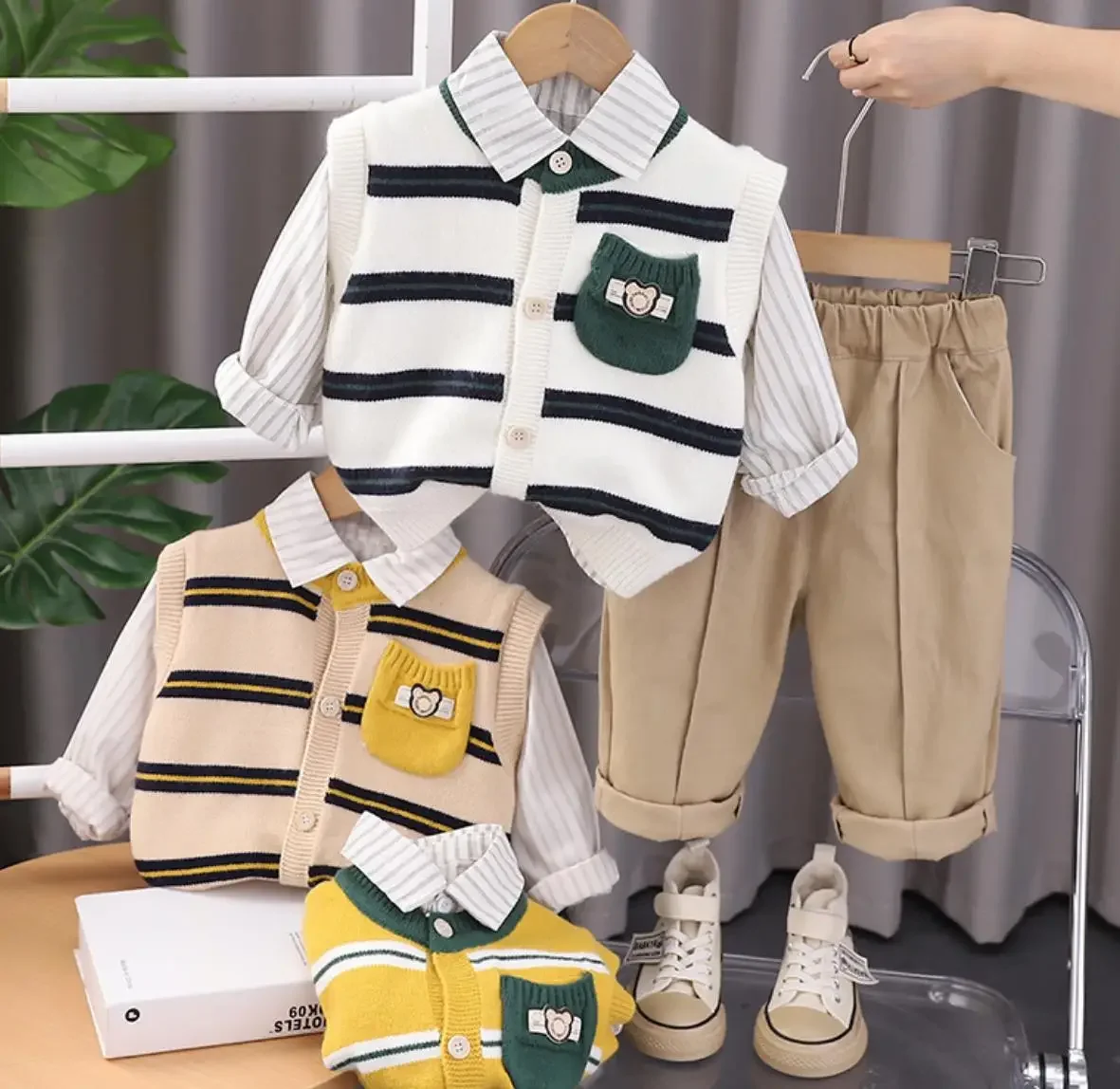 Korean Style Boys Set 6 To 12 Monthes Kids Infant Clothing Pocket Striped Knitted Sweater Vest+Shirts+Pants 3PCS Toddler Outfits