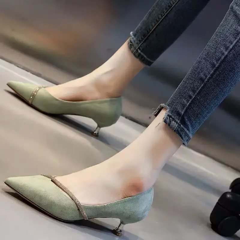 Normal Leather Casual with Crystals Ladies Footwear Green Thin Heels Women\'s Shoes Rhinestone Pointed Toe Low Heel Elegant 39 L