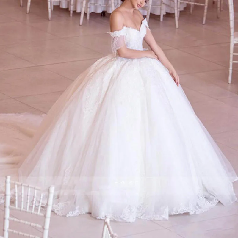 Luksusowe zroszony koronkowe suknie ślubne 2022 nowe eleganckie Off Shoulder Tulle suknie ślubne dla panny młodej Sweetheart Princess suknia ślubna