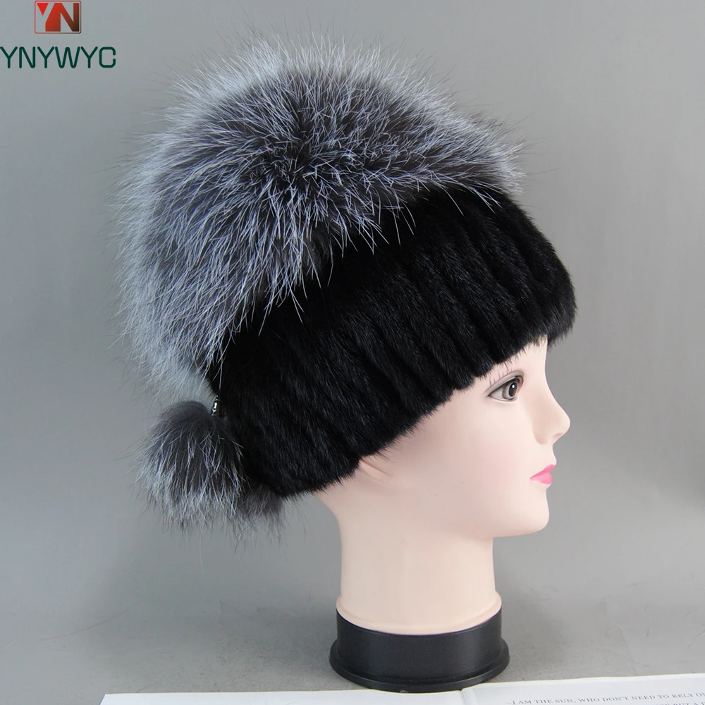 

Brand Women Knitted Mink Fur Hat Styles Woman Fur Cap With Fox Fur Tassel Lining Women Winter Hats Girls Hats For Beanies Hat