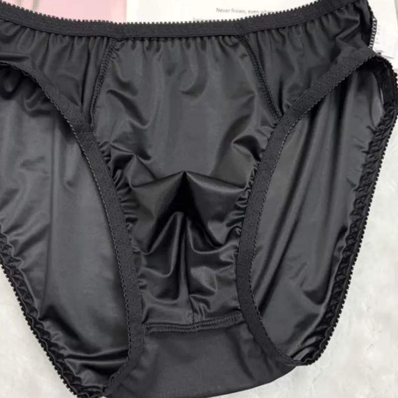 Fashion Men Smooth Satin Panties Sexy Mid Waist Lce Silk Lingerie Soft Daily Comfort Breathable Briefs Sissy Private Party