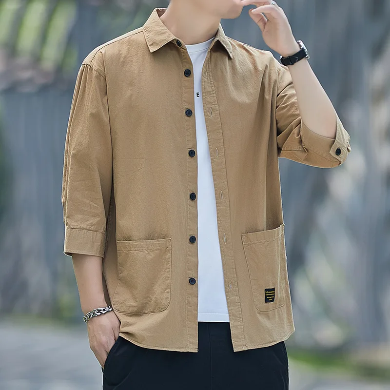 Summer Autumn Cotton Chinese Casual Loose Shirt Man Three-quarter Sleeve Stand Collar Blouse Male Solid Top Streetwear Clothes