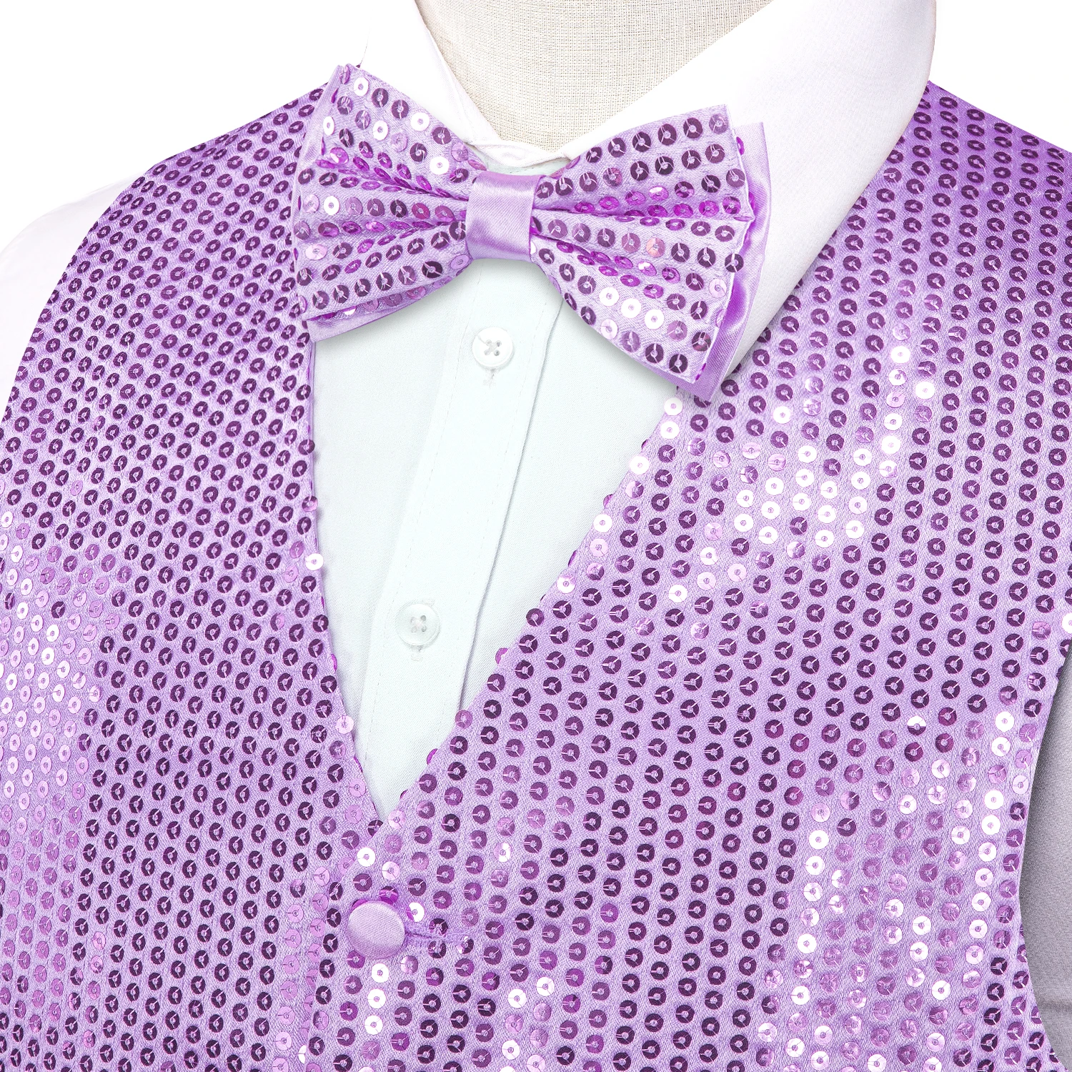 Hi-Tie Jacquard Light Purple Sequin Collar Suit Vest Slim Fit Waistcoat for Wedding Groomsmen V-Neck Tuxedo Sleeveless Jacket