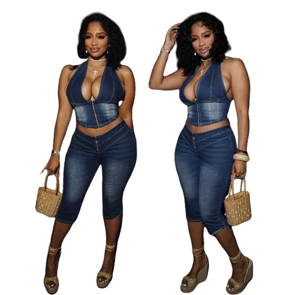 

New Arrival Streetwear Fashion Woman Outfits Y2k Jeans 2 Piece Sets Sleeveless Denim Plunge Halter Top Calf Length Pants Set