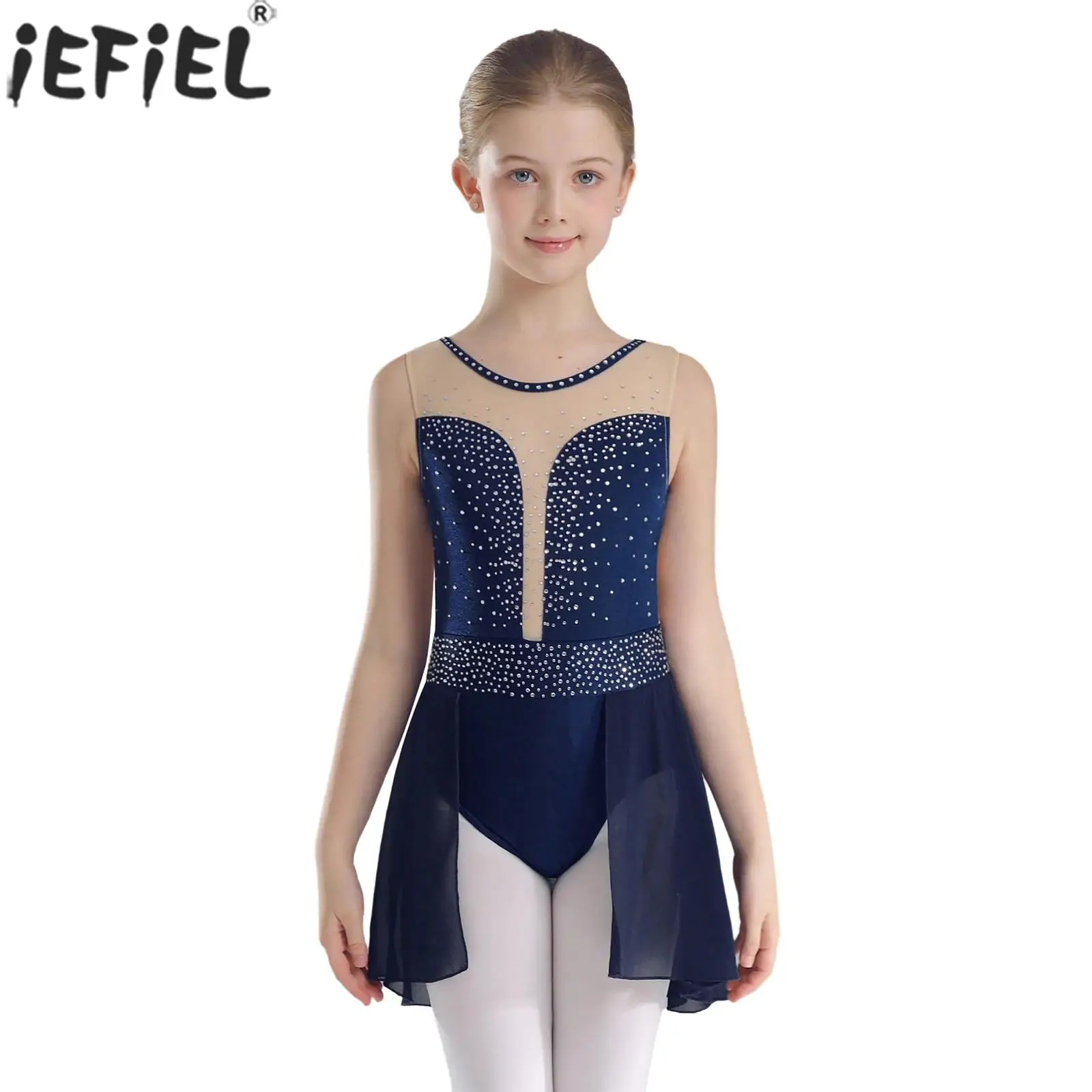 6-16Y Girls Lyrical Dance Dress Figure Skating Ballet Gymnastics Acrobatics Leotard Sleeveless Rhinestone Sheer Mesh Dancewear