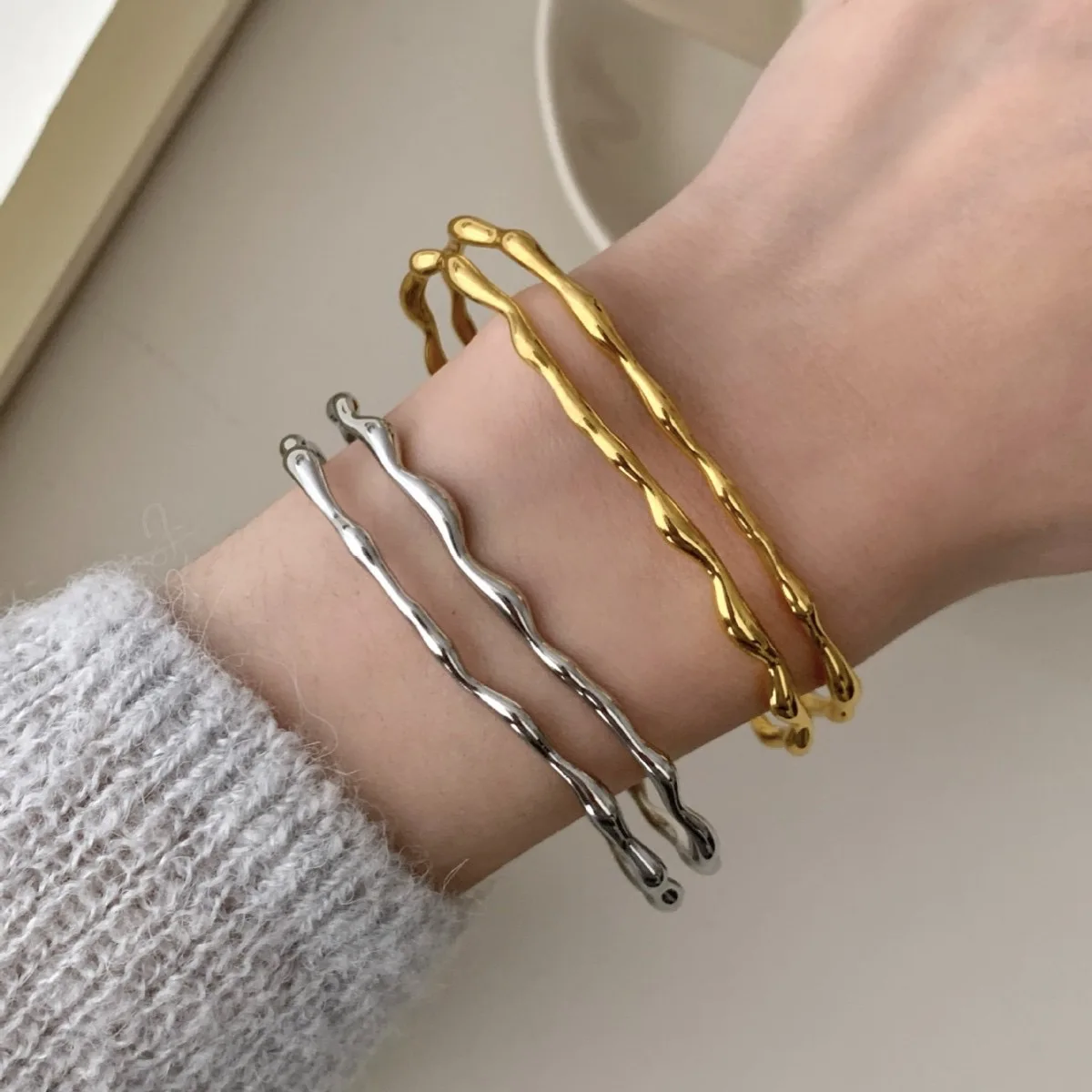 100% Solid 925 Sterling Silver Retro Bracelet for Women Geometric  Handmade GOld Double Layered Simple Bracelet Birthday Gift