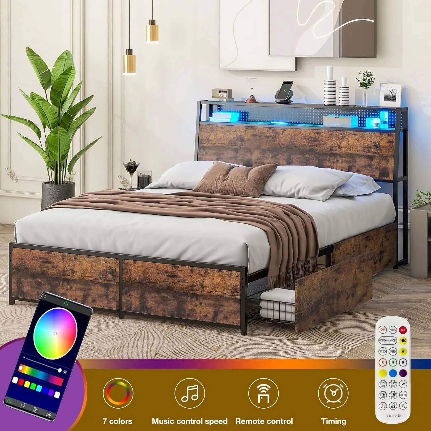 Queen Bed Frame with 4 Drawers, Metal Platform Bed Frame with Charging Station & LED Lights, Sturdy, Noise Free