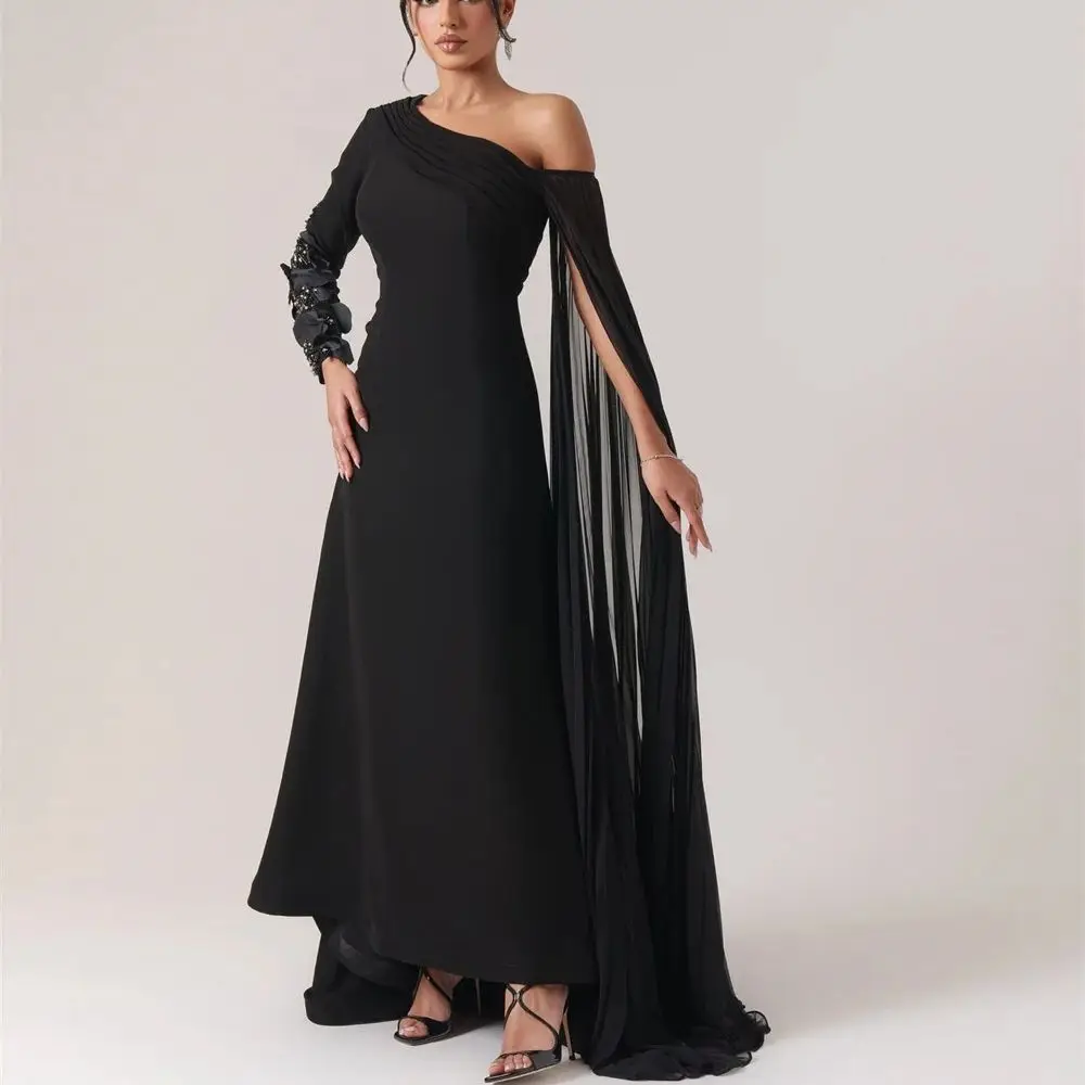 Vestido de noche negro de un hombro para mujer, vestido de fiesta de graduación con apliques de cuentas en la espalda, Jersey árabe saudita, elegante