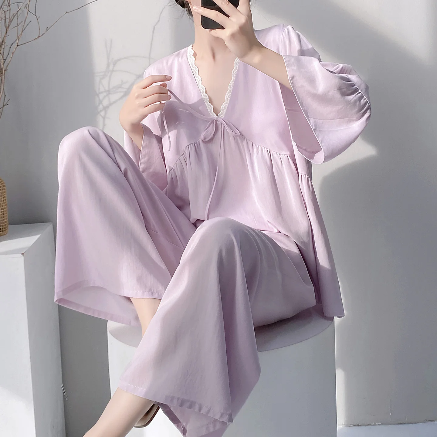

Summer Lady Cotton Silk Thin Pajamas Sets Women V-Neck Long Sleeve Tops Sleepwear Pants 2PCS Female Korean Loose Homewear Suits