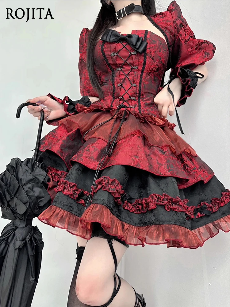 

Halloween Cosplay Costume Red Vest Fishbone Corset Lolita Skirt Sets Elegant Puffy Princess Skirt Three-Piece Sets Women Outfits