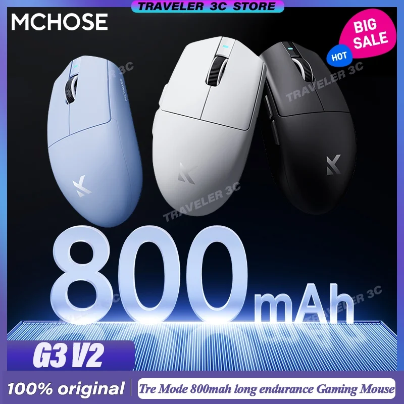 

Большие продажи MCHOSE G3 V2 Беспроводная игровая мышь Три режима Bluetooth 59 г Легкий 800 мАч длительный срок службы TopSpeed Индивидуальные fps