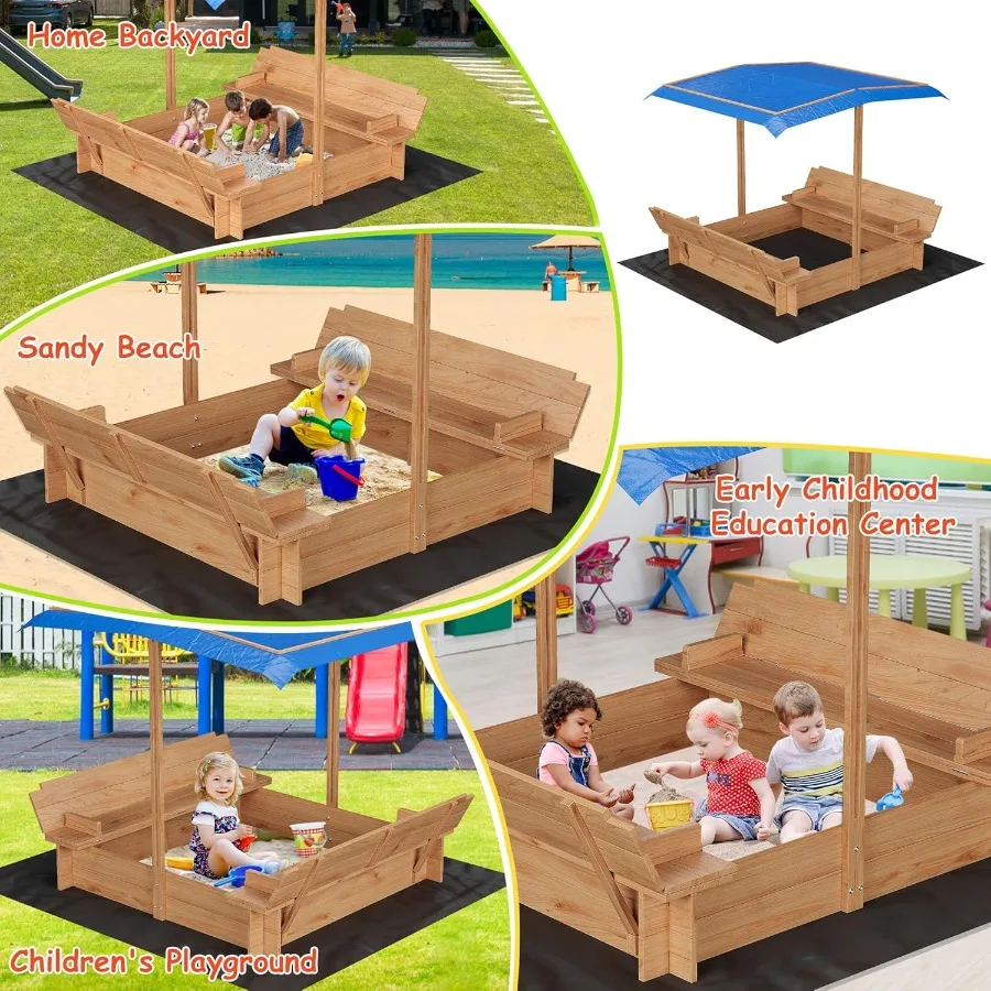 Bac à sable en bois avec couvercle bac à sable avec auvent extérieur avec couvercles et sièges de banc pliables toit résistant aux UV et à hauteur réglable