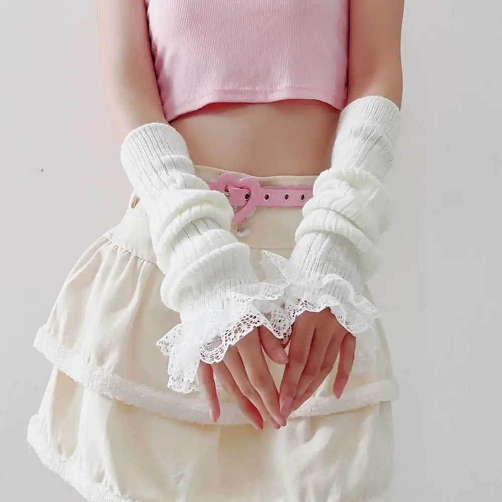 Calentadores de brazo de punto dulce Y2K, guantes sin dedos de manga larga de encaje suave, mitones góticos Punk para chicas Harajuku, accesorios de moda