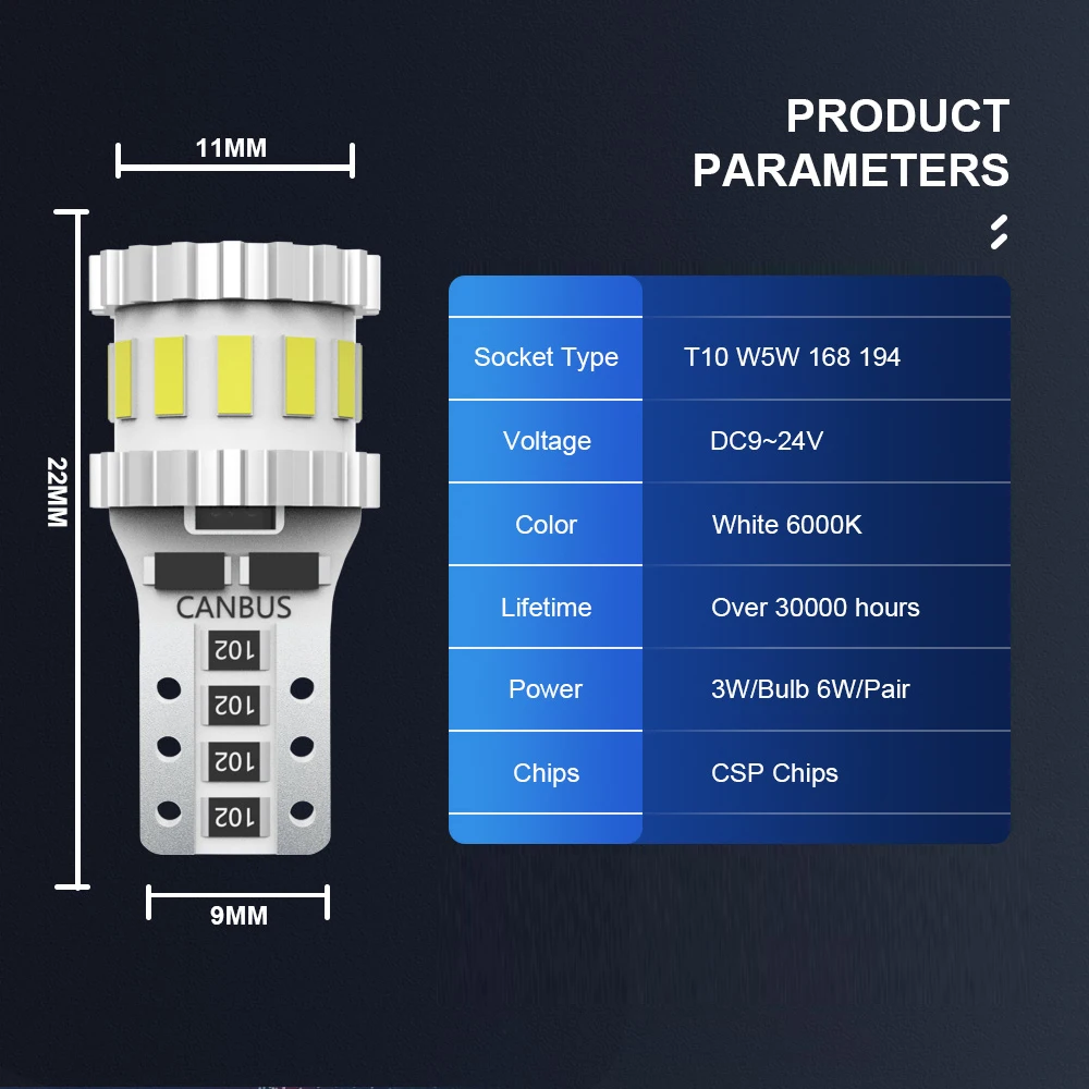 T10 LED Super Bright Bulb W5W Canbus No Error 3400LM Car Clearance Lights 6000K For Skoda Kodiaq 2016 2017 2018 2019 2020 2021