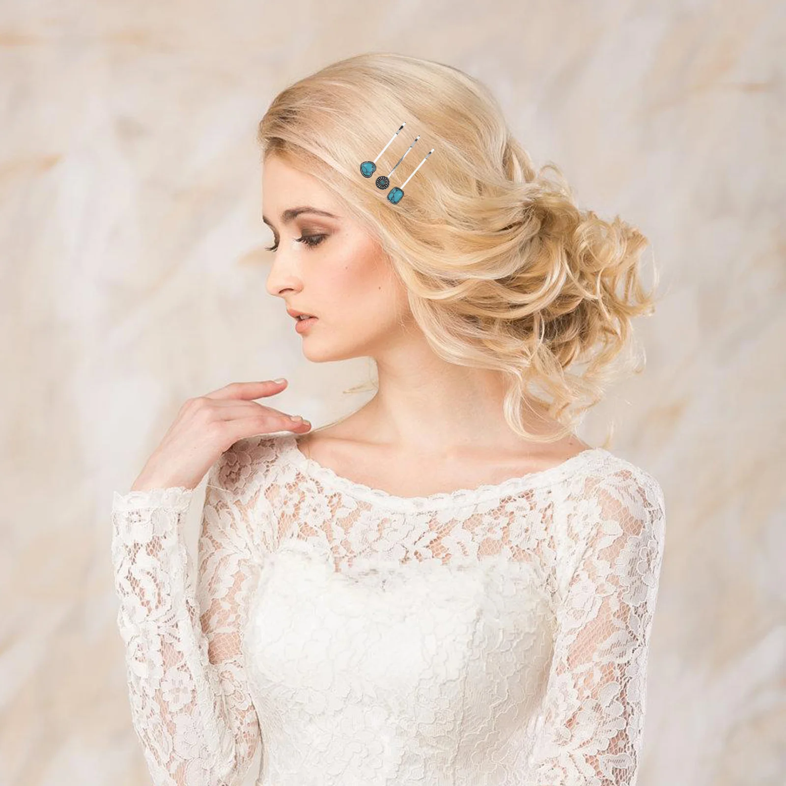 

6Pcs Hair Clips Chinese Style Turquoise Heart Flower Decorative Pins Fashionable Hair Jewelry for Women Various Hairstyles