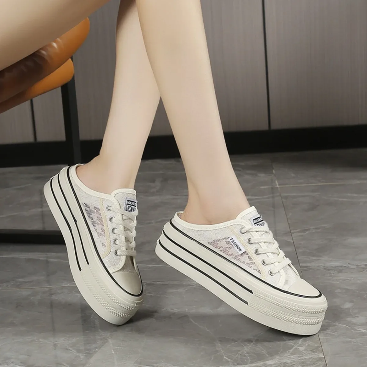 

Women's Round-Toe Lazy Canvas Slippers -Thick-Soled Half-Drag Lace-Up, Anti-Slip Breathable, Comfortable No-Heel Casual Footwear