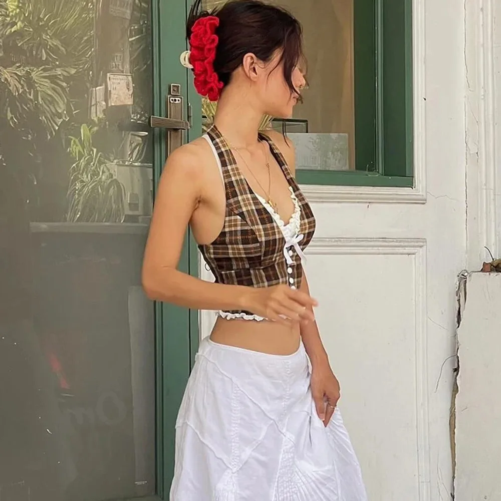 Women's Halterneck Plaid Print Crop Top V-neck Backless Lace Slim Tank Top with Bow Embellishment image 4