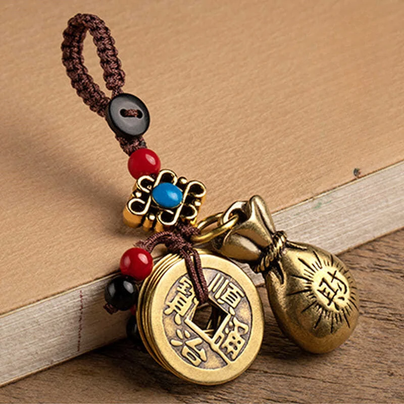 Retro Brass Lucky Money Bag Car Key Chain Pendant Handmade Lanyard Keyring Hanging Chinese Five Emperors Coins Feng Shui Jewelry