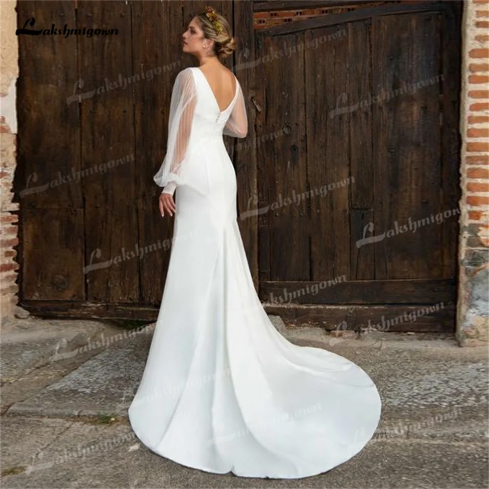 Einfache Satin Meerjungfrau Brautkleid anpassen klassische V-Ausschnitt Brautkleid mit vollen Ärmeln Neuankömmling Vestidos de Novia