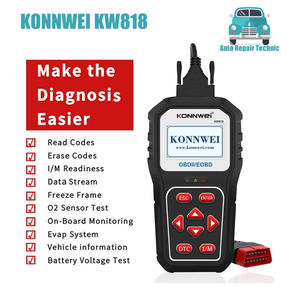 KONNWEI KW818 OBD2 Scaner  Enhanced ODBII EOBD Car Diagnostic Tools 12V Battery Tester Check Engine Tool Automotive Code Reader