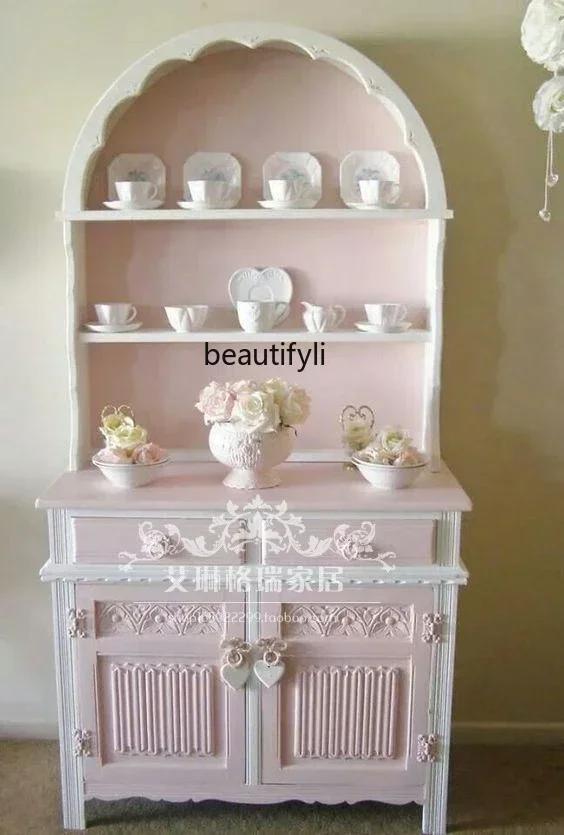 American French solid wood carving flower bookcase dining side cabinet locker pastoral pink princess cabinet