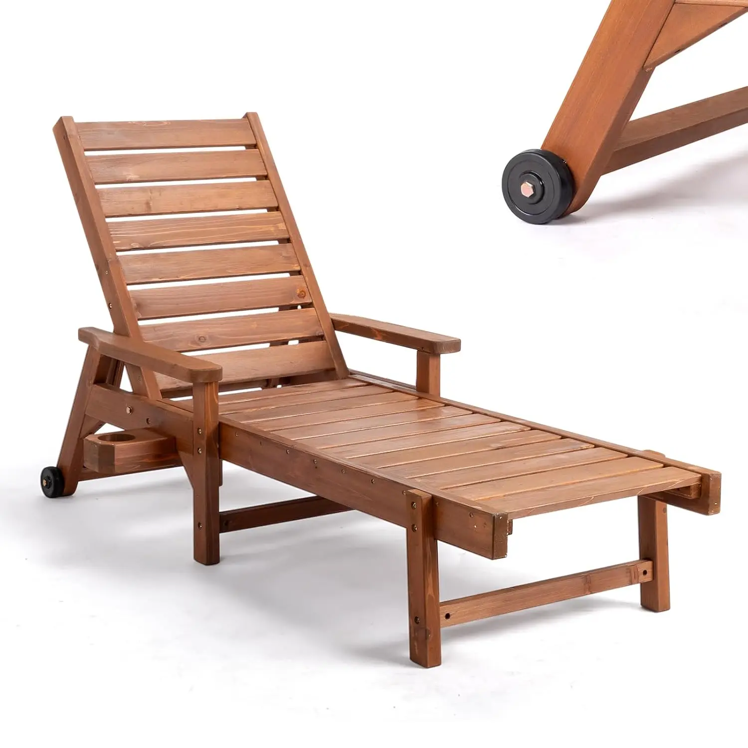 

Wooden Adjustable Outdoor Chaise Lounge Chair with Cup Holder & Wheels for Poolside Beach Patio, Customized