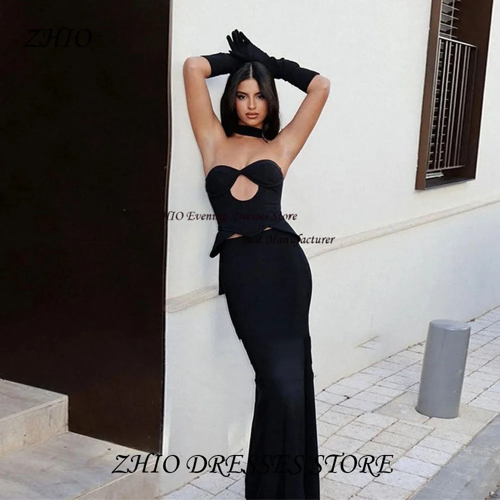 

ZHIO Black Sexy Chiffon Halter Mermaid Evening Gown Dress Strapless Hollow Two Pieces Sheath Prom Dress for Women Customized