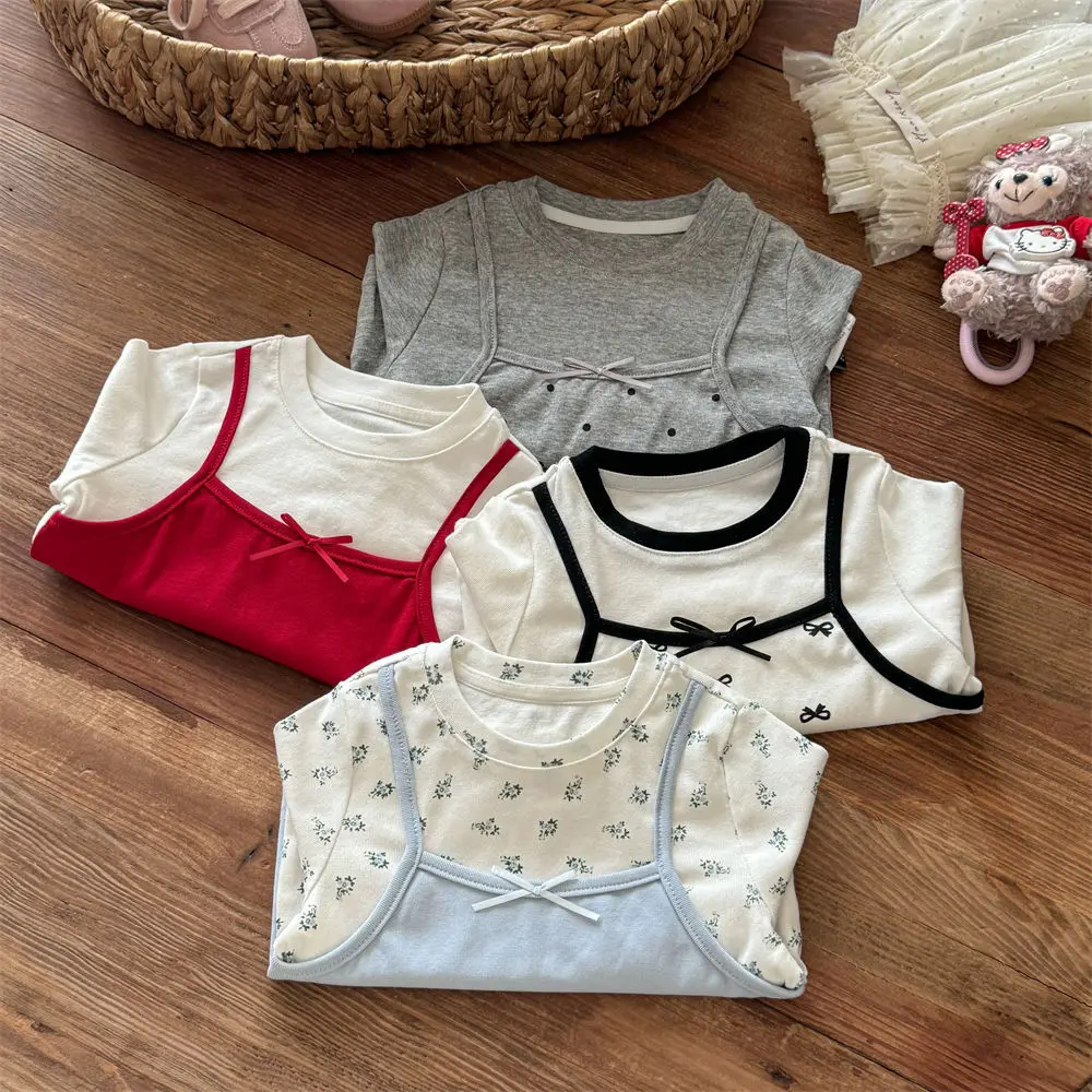 

Girls Bottom T-shirt Autumn Baby Fake Two Long-sleeved T-shirt Women's Polka Dots Children's Foreign Style Top Cute