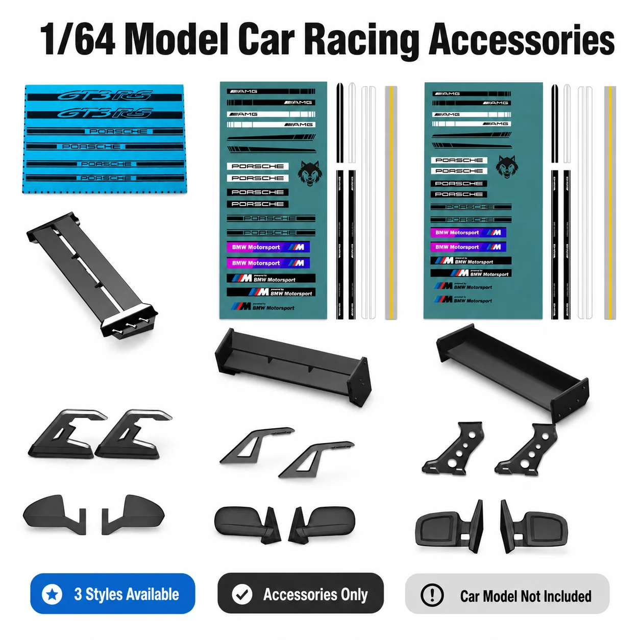 X-Scale 1/64 Diecast Model Car Water Slide Decals Kit Rear Wing Spoiler Bracket Side Mirror DIY 1:64 Modification Accessories