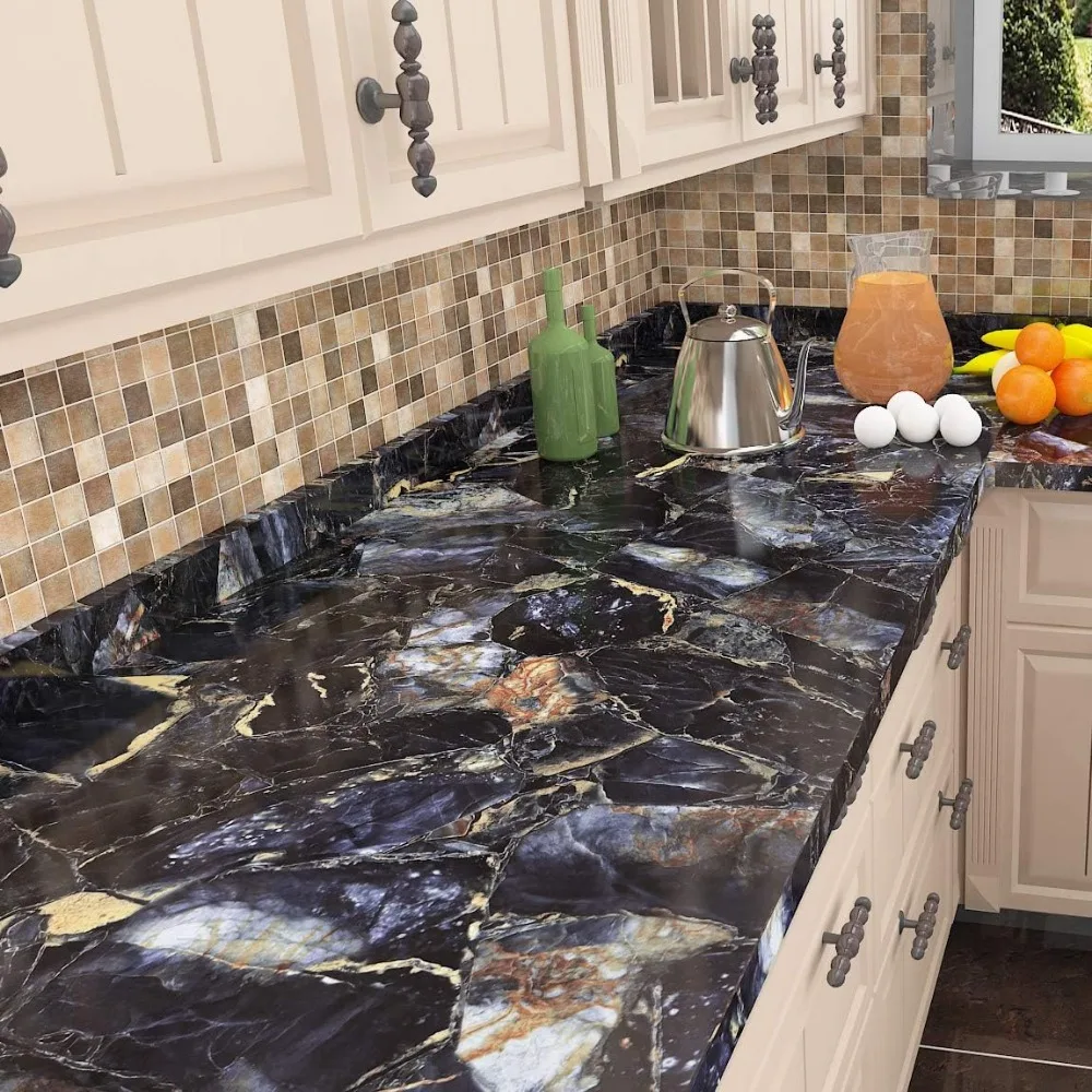 Black and Gold Marble Peel and Stick Contact Paper Waterproof Kitchen Countertop Cover 36 Inch by 197 Inch for Table