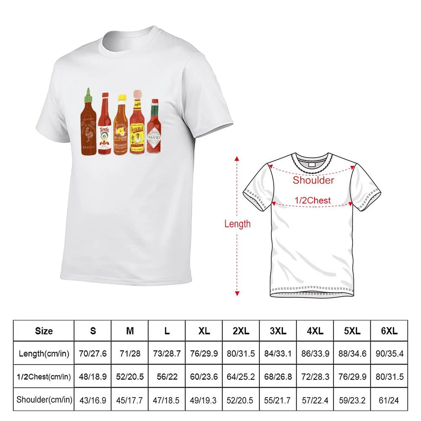 Spicy! Check out these hot sauces on tomato red background T-Shirt Modern Print Casual T-Shirt