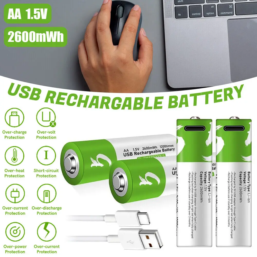 Original USB 1.5V AA Rechargeable Batteries 2600 MWh Li-ion Battery for Remote Control Mouse Electric Toy Battery SMARTOOOLS