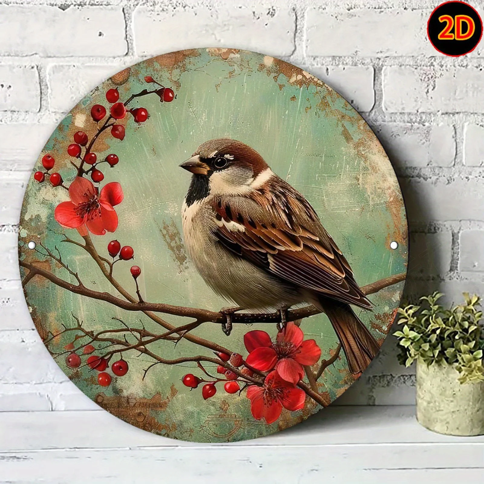 Vintage Sparrow & Red Berry Floral 2D Flat Tin Sign - Rustic Nature & Bird Themed Wall Decor for Home, Kitchen, Garden and Natur