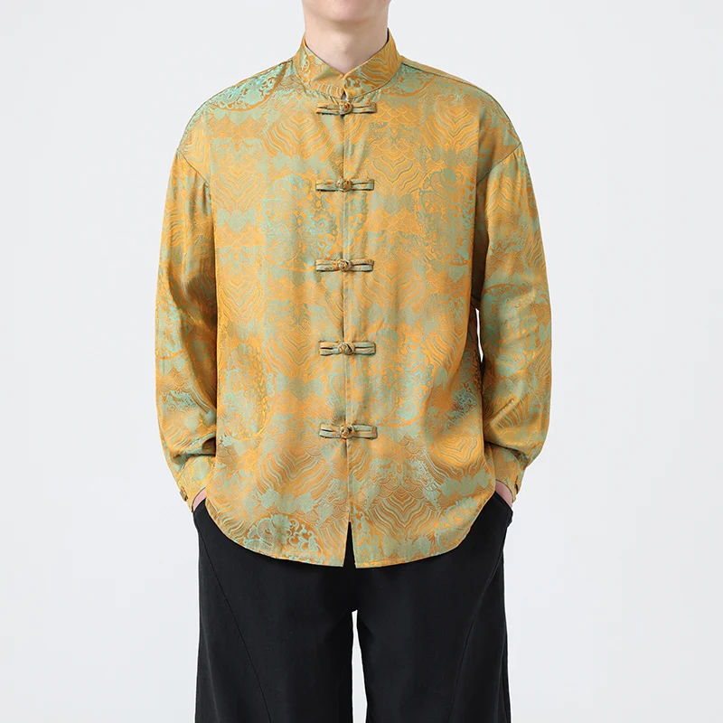 Camicia da uomo setosa in stile cinese Primavera Autunno Vestibilità ampia Costume retrò Tang Hanfu Camicia di lusso con motivo floreale abbottonato per uomo