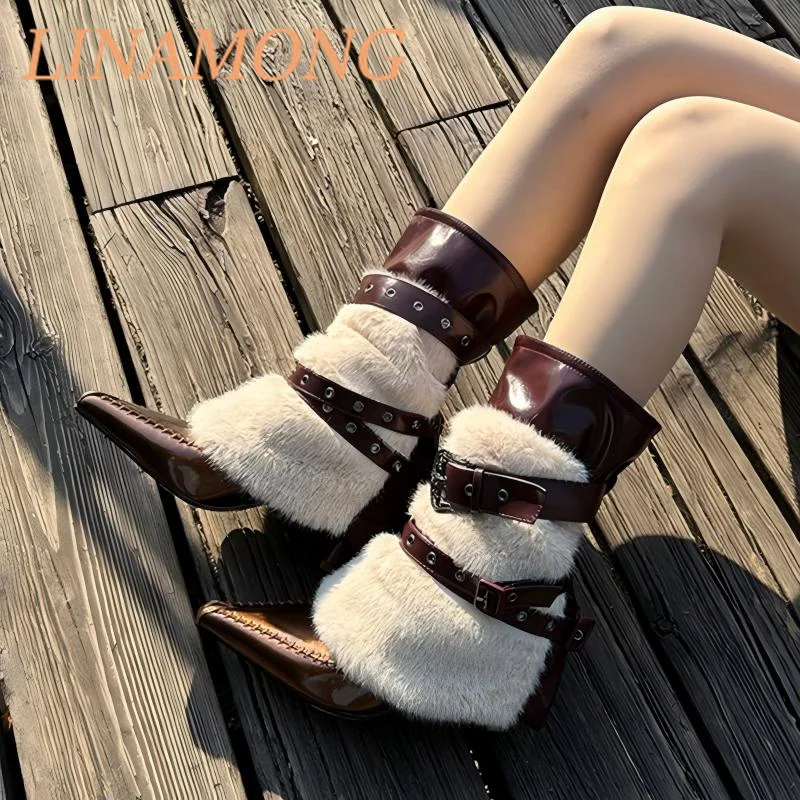 

Belt Buckle Sleeve Brown Rivet Short Boots Fashionable Thick Heel Pointed Temperament Decorated Long Fur Mid Length Boots