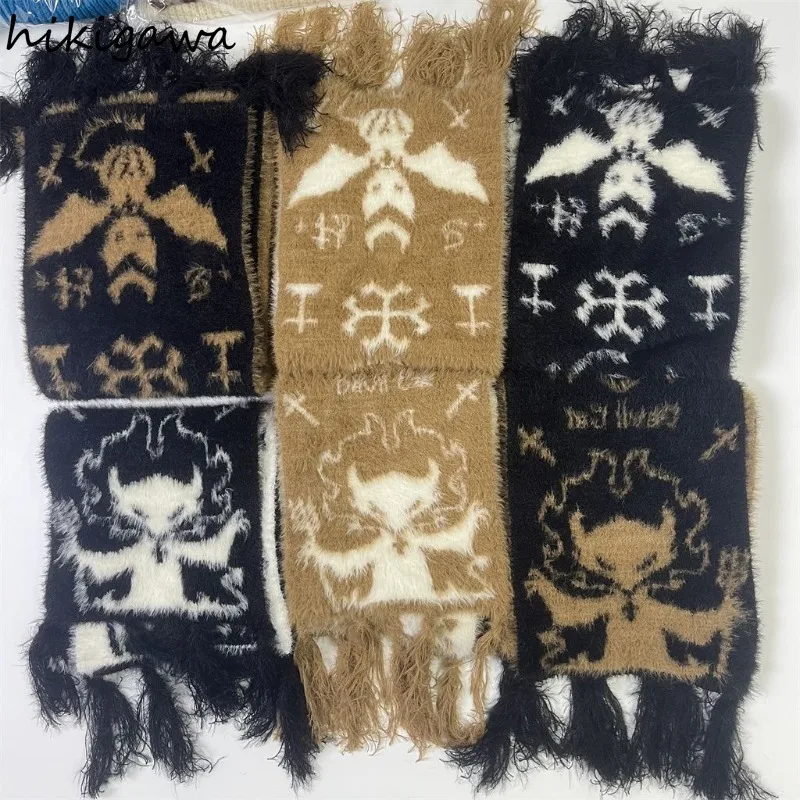 

Fashion Japanese Scarf Gothic Winter Knitted Furry Soft Shawl Acrylic Tassels Harajuku Skeleton Wrap Warm Fringes for Women Men