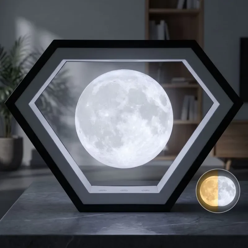 3D Printed Hexagonal Night Light Maglev Moon Lamp Voice Control Multicolor LED Decorative Lighting Smart Home Ambient Glow